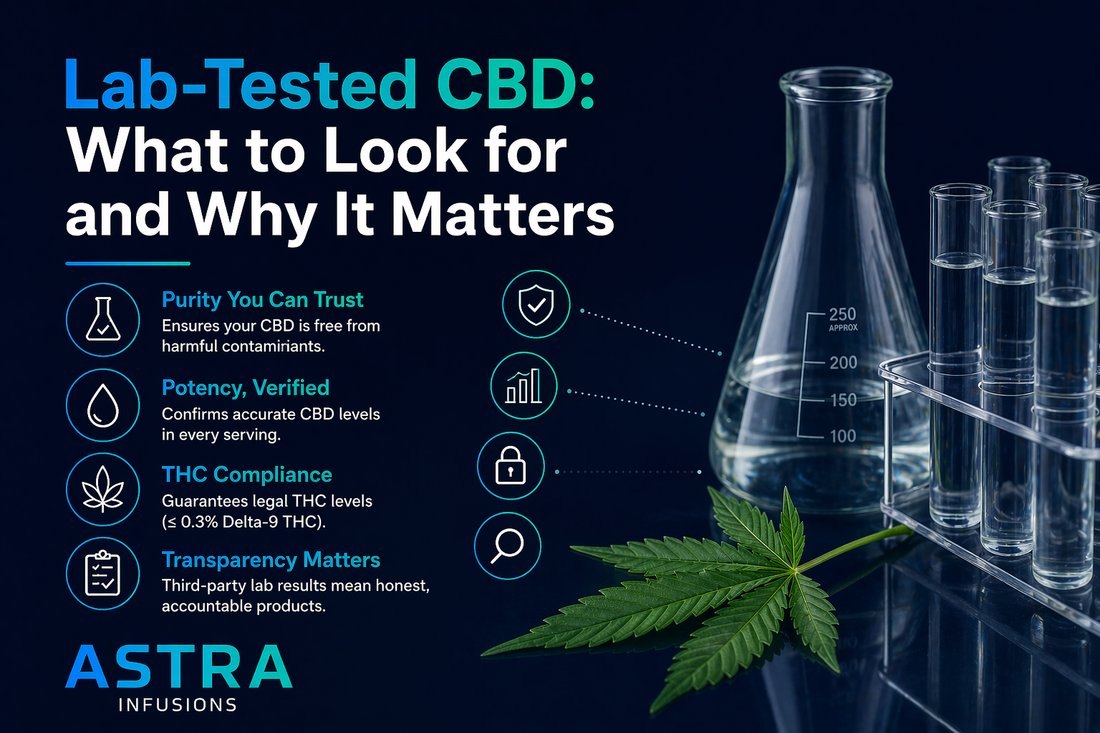 Lab-Tested CBD infographic by Astra Infusions showing purity, potency verification, THC compliance, and transparency with lab glassware and hemp leaf