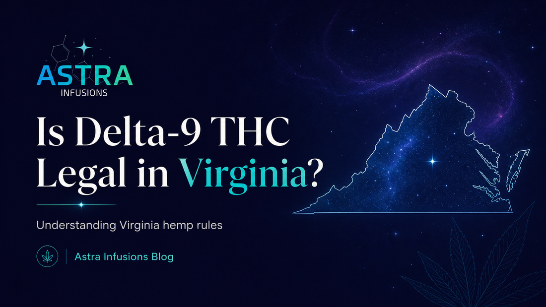 Astra Infusions blog cover art with a dark cosmic background, the Astra Infusions logo, a glowing outline of Virginia, subtle hemp leaf artwork, and the headline “Is Delta-9 THC Legal in Virginia?”